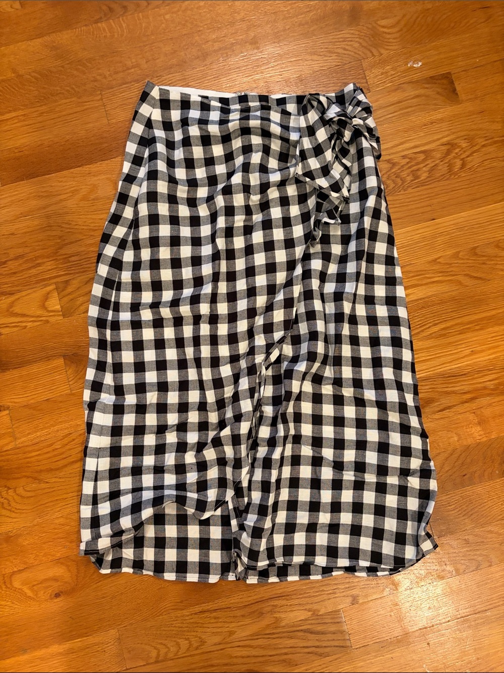 Madewell Black and White Gingham Midi Skirt with Side Tie